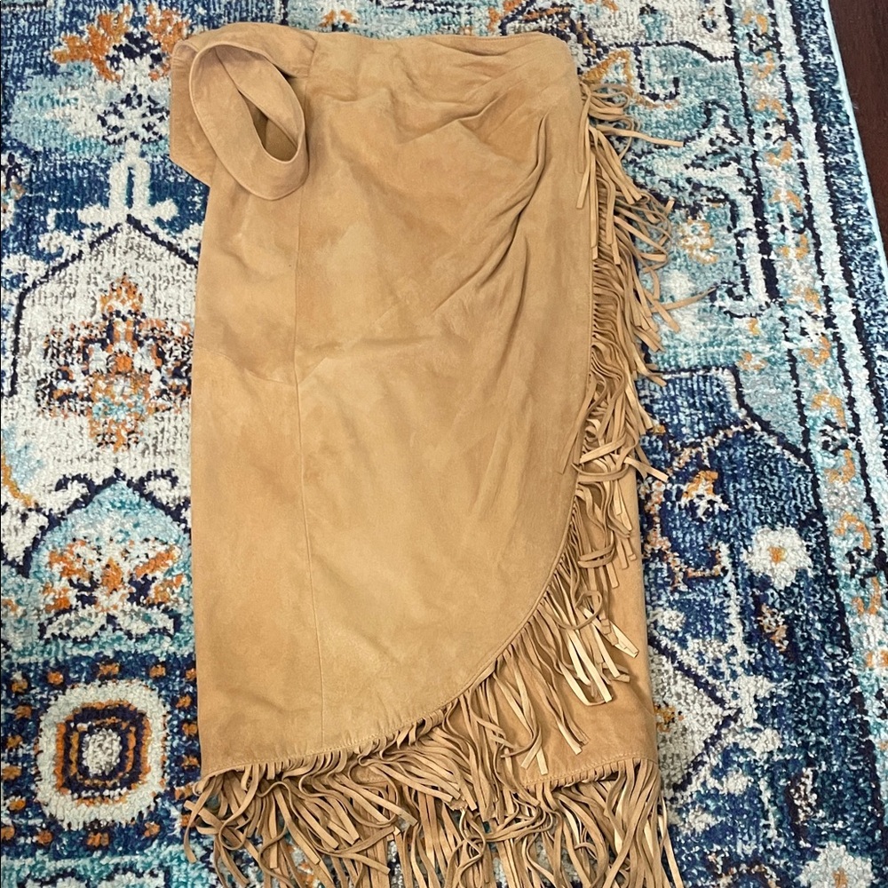 Vakko Vintage Tan Fringe Suede Skirt
